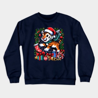 Festive Tiger in Santa's Hat for Christmas Crewneck Sweatshirt